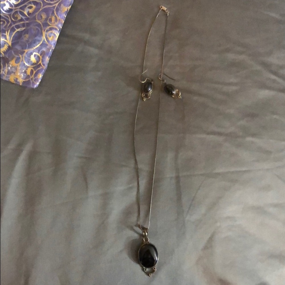 Silver and black stone earring and necklace bundle